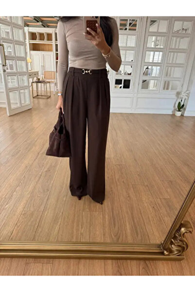 MELEK KOSTAK Kadın Acı Kahve Toka Detaylı Bel Lastikli Palazzo Pantolon