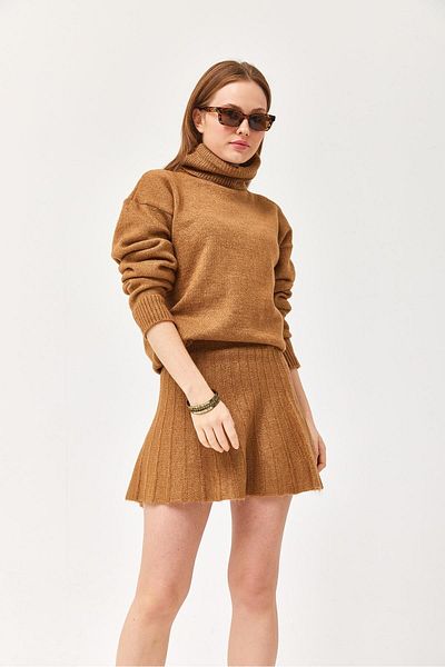 CALİENTE Turtleneck Skirted Knitwear Bottom Top Set Mink