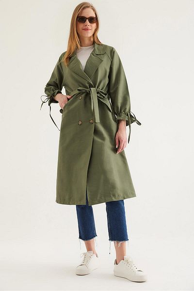 CALİENTE Lace-Up Trench Coat with Tunneled Ankle Khaki
