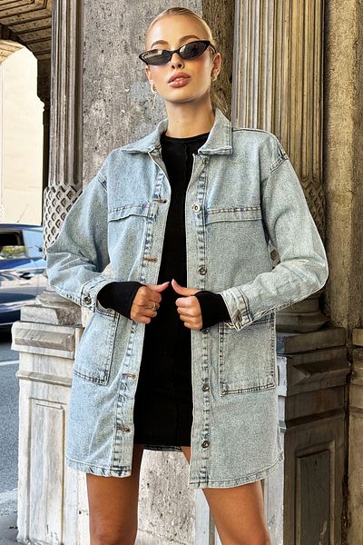 VAGGON Jachetă de denim lungă supradimensionată, albastră, cu buzunar dublu, Prmx12673