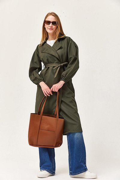 CALİENTE Waist Belted Oversize Trench Coat Khaki