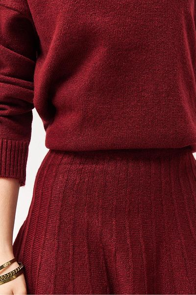 CALİENTE Turtleneck Skirted Knitwear Bottom Top Set Claret Red