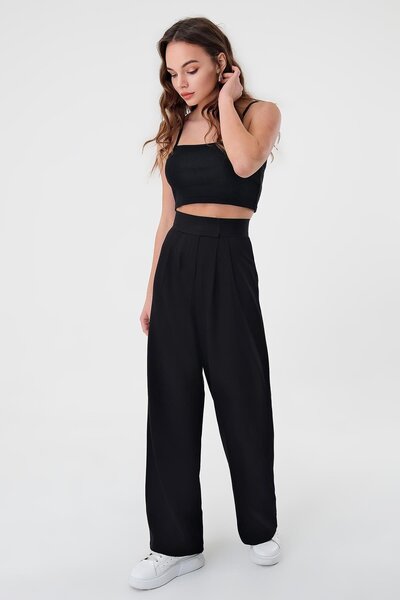 Hazel Kadın Siyah Yüksek Bel Cırtlı Palazzo Pantolon