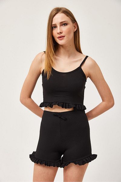 CALİENTE Set pantaloni scurți cu volane cu bretele negru