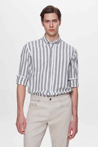 D'S Damat Πουκάμισο Comfort Khaki ριγέ λινό μείγμα