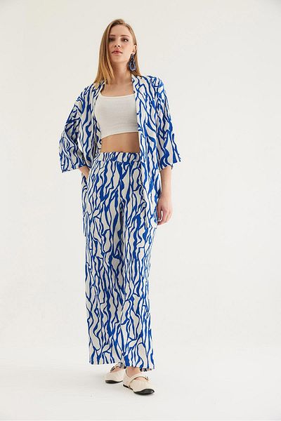 CALİENTE Kimono Pants Crinkle Women's Two Piece Set Blue