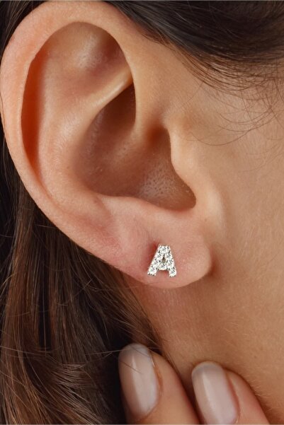 jelux silver Gümüş 925 Ayar Zirkon Taşlı A Harfli Tekli Küpe