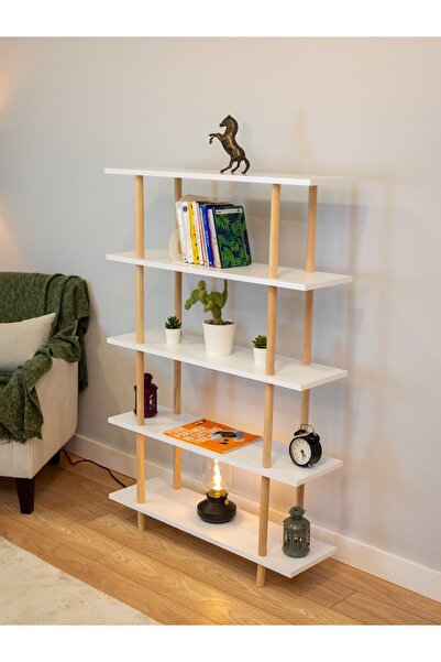 PEKA 5 Raflı Modern Dekoratif Kitaplık Klasörlük Mutfak Rafı Kiler Çok Amaçlı Düzenleyici Raf - Beyaz