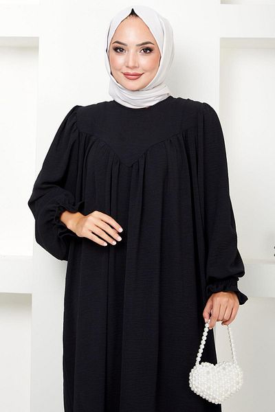 hafsamina Black Gathered Robe Dress - Hm2501