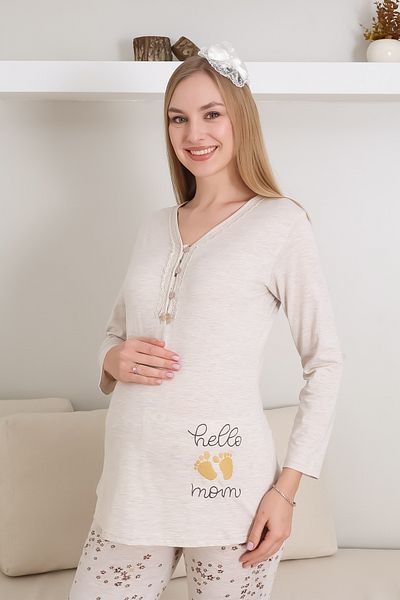 ERDENİZ TEKSTİL Maternity/Pregnant Pajama Set / Buttoned and Embroidery Detail / Cotton Combed Fabric