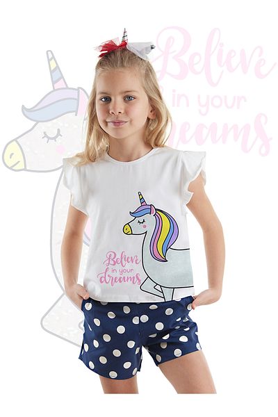 Denokids Polka Dot Unicorn Mädchen Sommer T-Shirt Popeline Shorts Set