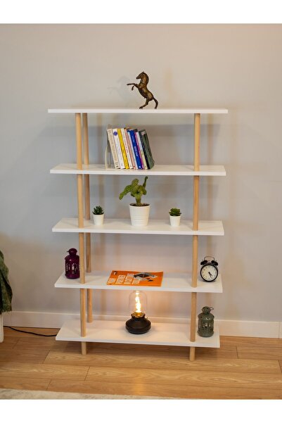 PEKA 5 Raflı Modern Dekoratif Kitaplık Klasörlük Mutfak Rafı Kiler Çok Amaçlı Düzenleyici Raf - Beyaz