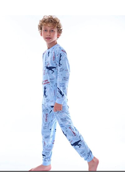 İsobel Kids Erkek Çocuk %100 Pamuklu Mavi Dinazor Desenli Uzun Kollu Pijama Takımı