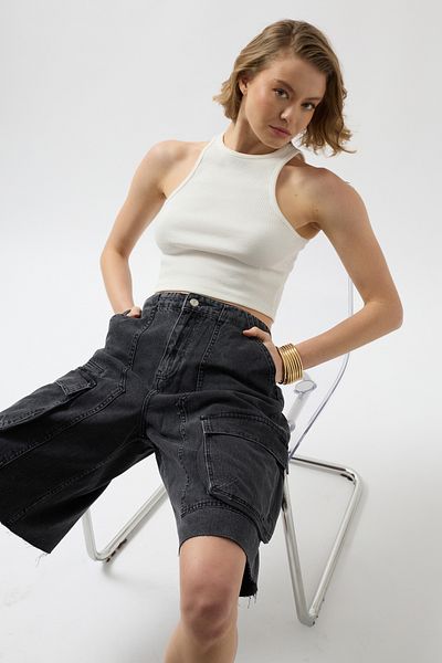 Black Fashion Gray Bermuda Denim Shorts - Cargo Pocket Detailed