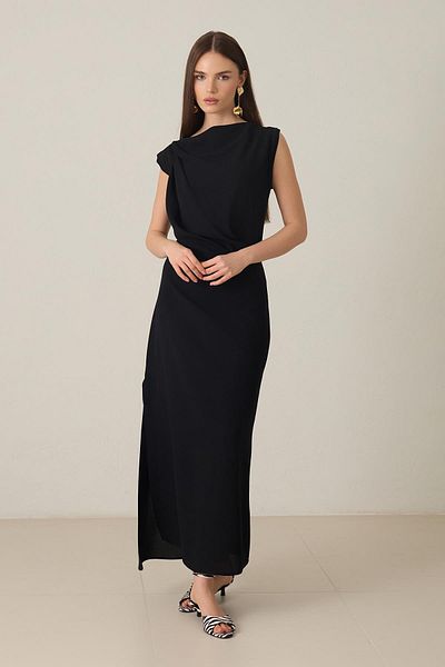 Setre Black Collar Detailed Asymmetrical Cut Dress