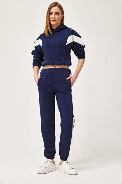 CALİENTE Hooded Tracksuit with Striped Sleeves Navy Blue