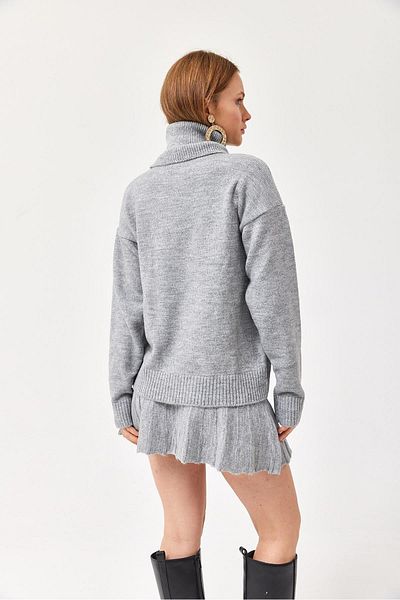 CALİENTE Turtleneck Skirted Knitwear Bottom Top Set Gray