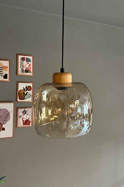 Bamyum Dijon Bal Rengi Cam Sarkıt Avize Geniş Ahşap Başlık Salon Mutfak Avizeleri Pastane Modelleri