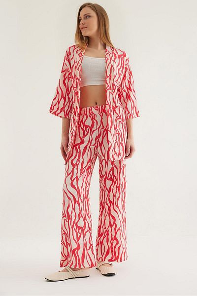 CALİENTE Kimono Pants Crinkle Women's Double Set Fuchsia