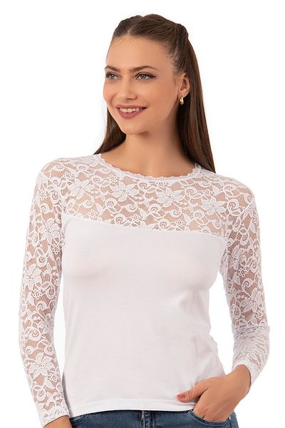 ÖZKAN underwear Özkan 7428 - Γυναικεία ελαστική και άνετη μπλούζα, μακρυμάνικη, στρογγυλή λαιμόκοψη, δαντέλα βισκόζης Lez