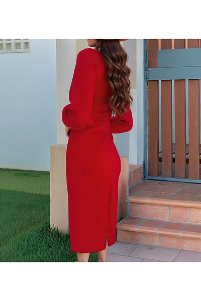 Trendusfashion Rochie midi din țesătură creponată de sezon nou cu decolteu în V