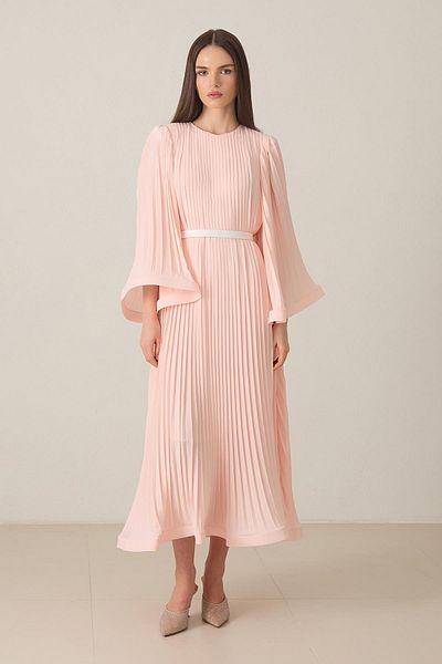 Setre Powder Waist Belt and Pleat Detailed Crew Neck Midi Dress