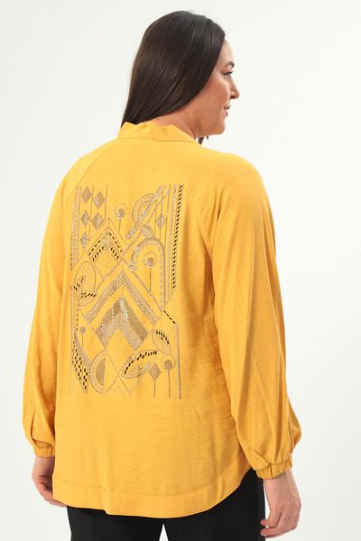Metpoint Trend42Plus Large Size Back Stone Printed Oversize Mustard Jacket