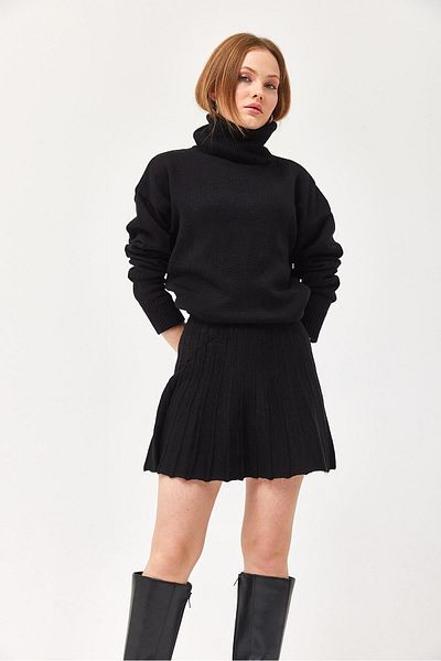 CALİENTE Turtleneck Skirted Knitwear Bottom Top Set Black