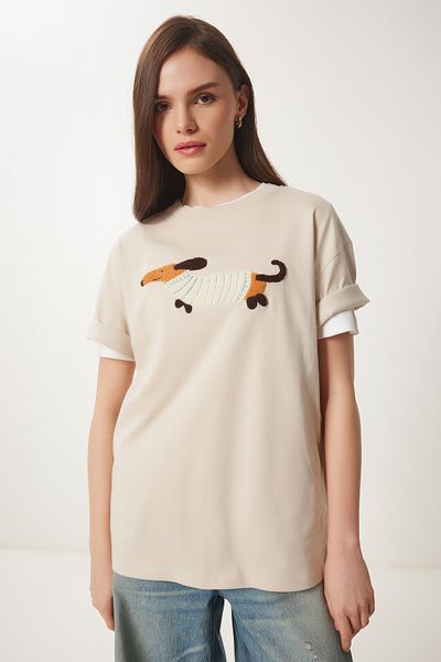 Lovelyİstanbul Oversize Πλεκτό T-Shirt - κεντημένο Βαμβακερό CREAM LCR0031