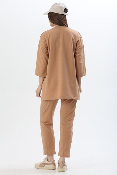CALİENTE Crepe Knitted Crew-Neck Side Slits Beige