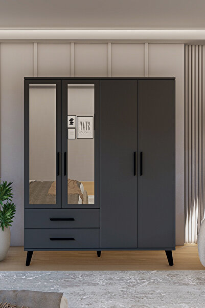 Metalia Gm 070-d Novado Siyah Kulplu Antrasit Gri Ayaklı Aynalı Gardırop