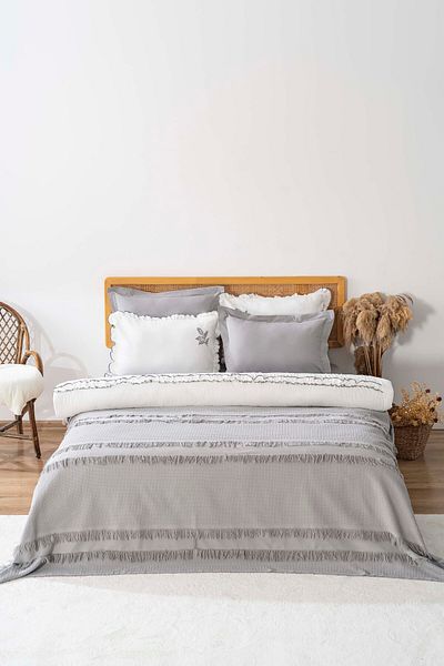 Rivaİstanbul Brianna Gray Double Duvet Cover Bedspread 100% Cotton - 7 Piece Dowry Set