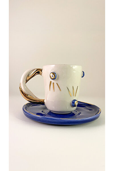 zeynep Altın Dekorlu Nazar Boncuklu El Yapımı Seramik Kahve Fincanı