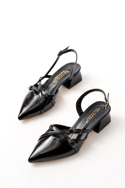 Büşra Çetin Mary Jane Women's Black Open Back Pointed Toe Short Block Heels with Baretli Belt Detail