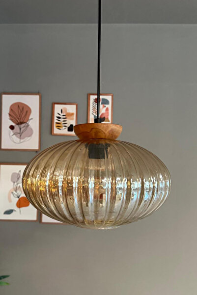 Bamyum Elegant Cam Tekli Bal Rengi Avize Ahşap Tabak Başlık Sarkıt Lamba Restoran Salon Aydınlatma