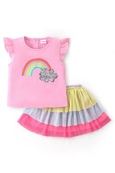 Babyhug 100% Cotton Knit Single Jersey Frill Sleeve Top & Skirt Rainbow & Sequin Detailing-Pink