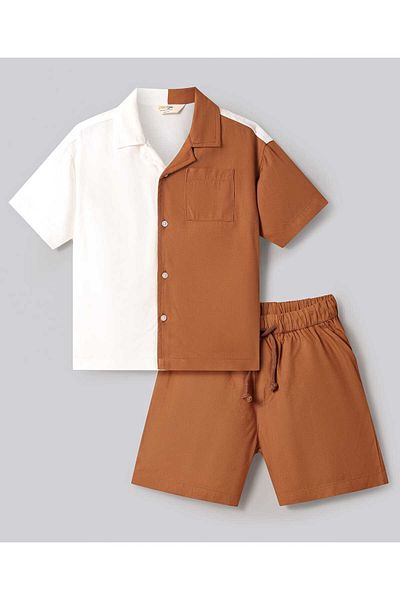 Primo Gino Rayon Oversized Drop Shoulder Short Set - Off White/Brown