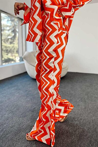 Maldia Shop Women's Patterned Spanish Leg Shirt Pants Orange Satin Suit