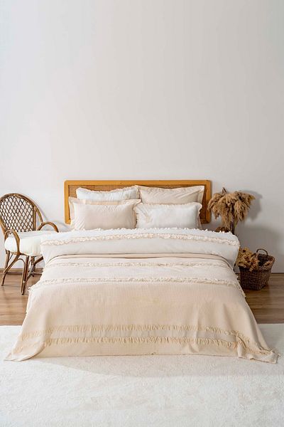 Rivaİstanbul Brianna Cream Double Duvet Cover Bedspread 100% Cotton - 7 Piece Dowry Set