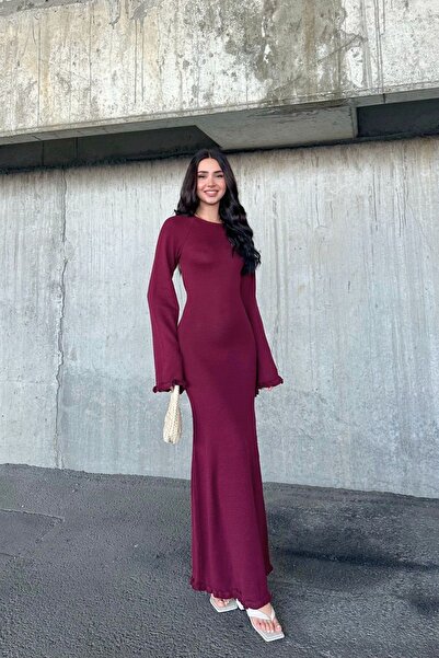 FMN Collection örgü geniş çan etek yarasa kol pinterest model sırt dekolteli triko bele oturan uzun elbise
