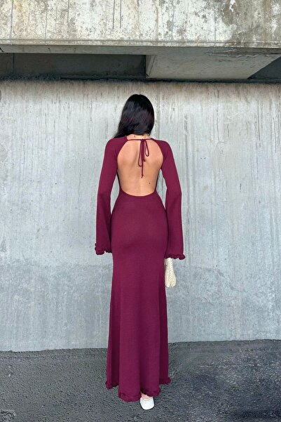 FMN Collection örgü geniş çan etek yarasa kol pinterest model sırt dekolteli triko bele oturan uzun elbise