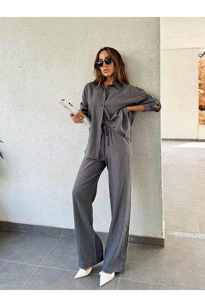 Maldia Shop Women's Striped Anthracite Shirt Pants Set