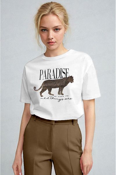 Millionaire Tricou alb cu leopard pentru femei - Relax Fit Comfortable Studio Over