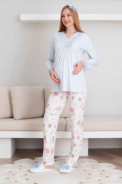ERDENİZ TEKSTİL Set pijamale de maternitate Melisa Fabric cu model floral / detaliu dantela nasturi in fata