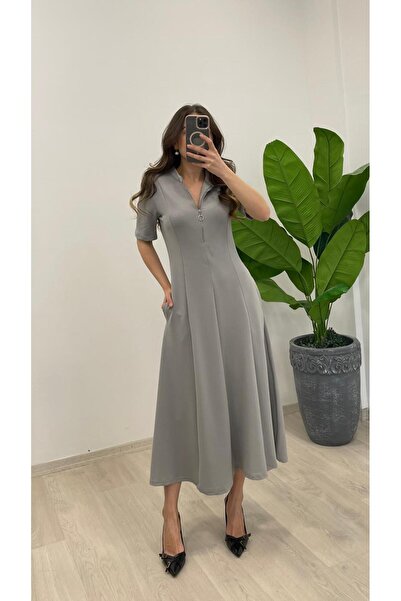 Nazline Γυναικείο μακρύ φόρεμα με γιακά δικαστή με φερμουάρ από ελαστικό ύφασμα