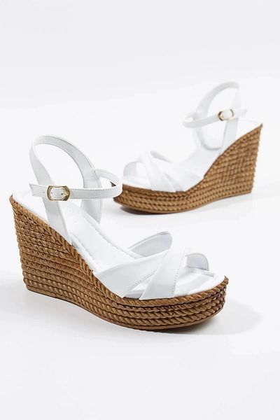 MFT AYAKKABI Women's White Cross Wedge Heeled Classic Style Sandals