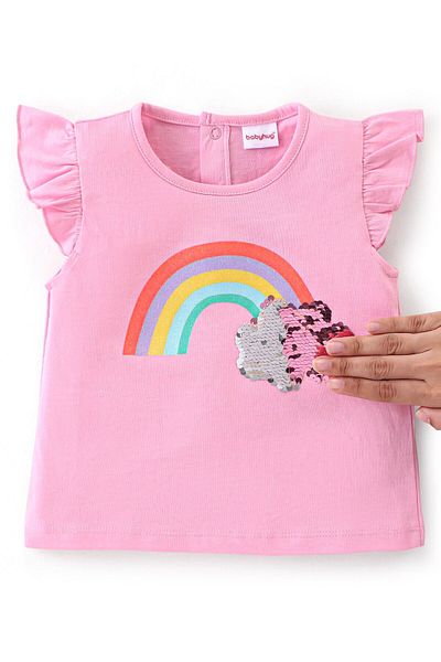 Babyhug 100% Cotton Knit Single Jersey Frill Sleeve Top & Skirt Rainbow & Sequin Detailing-Pink