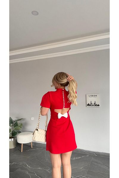 buqre's moda Watermelon Sleeves Mini Dress with Bow Back and Button Detail