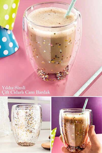 Maridet Yıldız Simli Çift Cidarlı Borosilikat Cam Bardak Meşrubat Kahve Sunum Kokteyl Bardağı