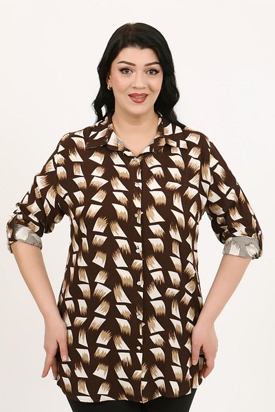 By Alba Collection Дамска кафява риза от памук и вискоза, големи размери